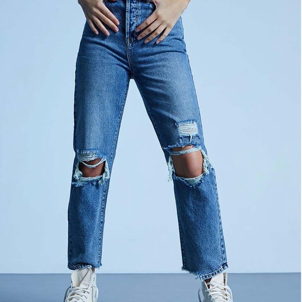PacSun Blue Straight Leg Jeans with Distressed Details